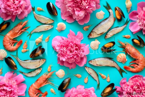 Picture of Sea food and flowers background